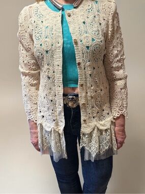 Origami Cream Crochet Lace-Trim Cardigan Sweater New
